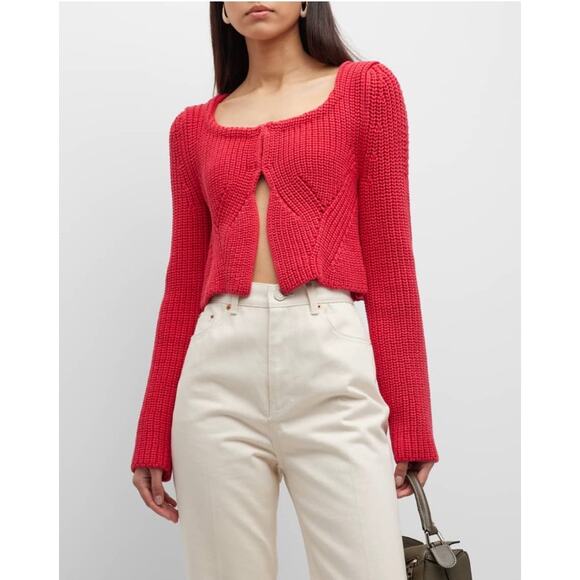 Recto Red Knit Chunky Scoop-Neck Crop Cardigan - Picture 1 of 14